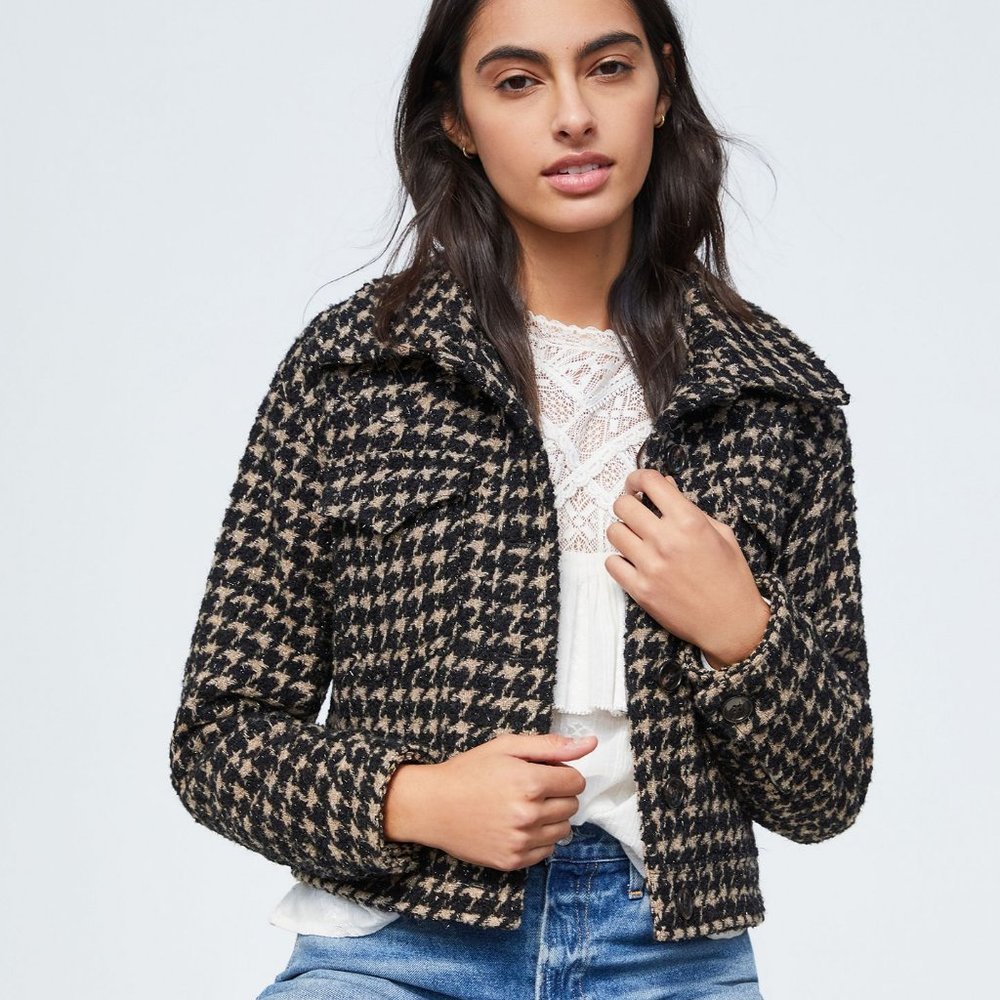 Anthropologie Lea Houndstooth Shimmer Cropped Coat NWT XSP Black Tan